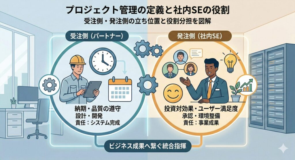 「プロジェクト管理の定義と社内SEの役割」を図解したインフォグラフィック。プロジェクト管理を「投資を成果に変える統合指揮」と定義し、受注側（パートナー）と発注側（社内SE）の立ち位置の違いを対比。受注側は「納期と工数」「システム完成」を重視し、発注側は「投資対効果とユーザー満足度」「事業成果」を最優先に指揮を執ることを示しています。
