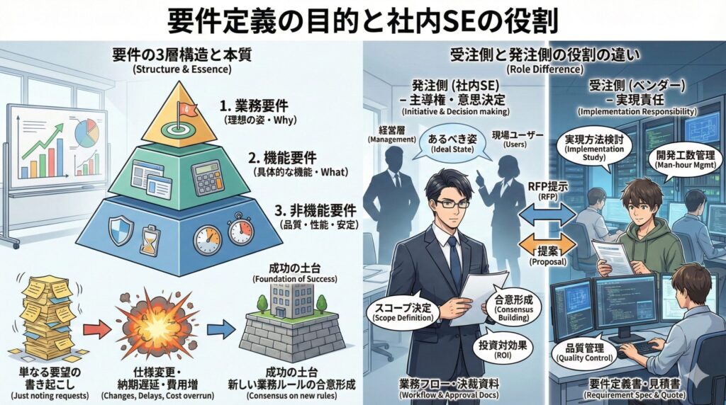 インフォグラフィック「要件定義の目的と社内SEの役割」。左側に業務要件・機能要件・非機能要件のピラミッド構造と、「新しい業務ルールの合意形成」が成功の土台であることを図示。右側に発注側（社内SE）の「意思決定・合意形成」の役割と、受注側（ベンダー）の「実現責任・開発」の役割を人物イラストとフローで対比させている