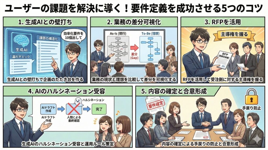 社内SEが要件定義を成功させるための5つのコツをまとめた図解イラスト。生成AIの活用、業務フローの差分可視化、RFPによる主導権確保、AIリスクへの対応、そして最終的な合意形成という重要なプロセスを分かりやすく表現している。