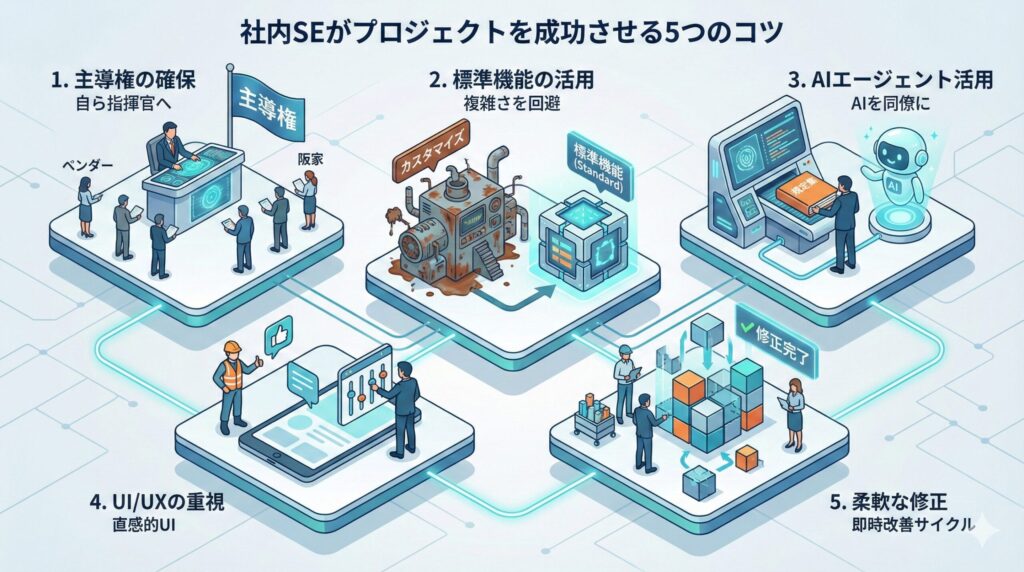 社内SEがプロジェクトを成功に導くための5つの戦略をまとめた図解イラスト。主導権確保、標準機能とAIの活用、UI/UX重視、そして柔軟な修正体制という具体的なアクションが、 interconnected なプラットフォーム上で表現されている
