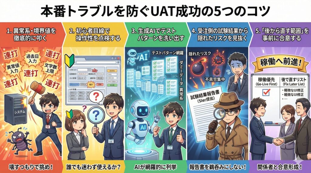 「本番トラブルを防ぐUAT成功の5つのコツ」と題した図解イラスト。異常系・境界値の徹底検証、初心者目線での操作性点検、生成AIによるテストパターン洗い出し、ベンダー試験結果からのリスク検知、後日対応範囲の事前合意という5つの重要アクションを解説している。